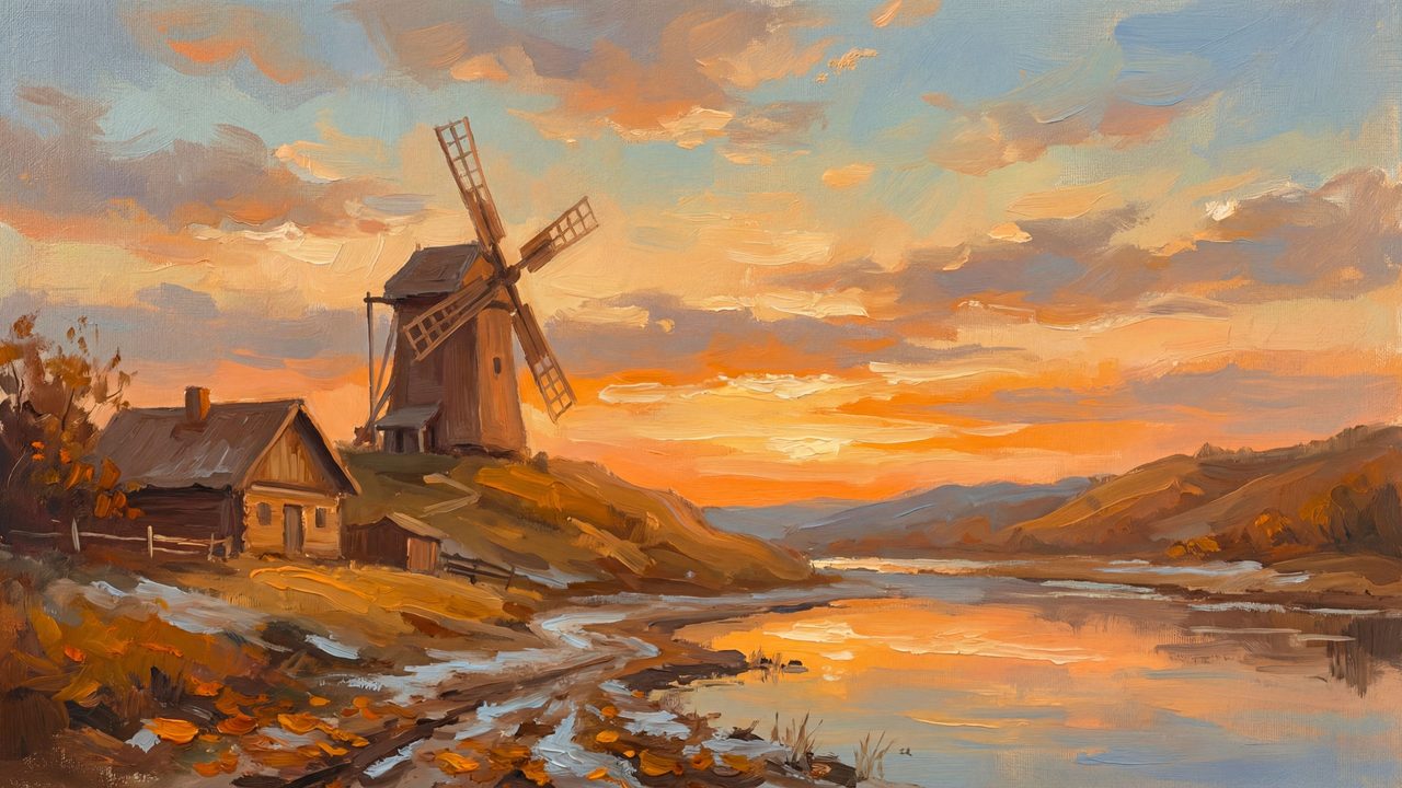 Fall Frame TV Art, Vintage Autumn Oil Painting (Windmill at Autumn Sunset)