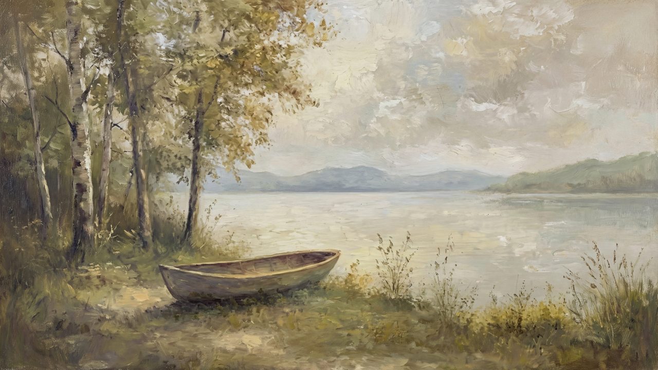 Vintage Frame TV Art, Antique Landscape Oil Painting (Rowboat on Lake Shore)