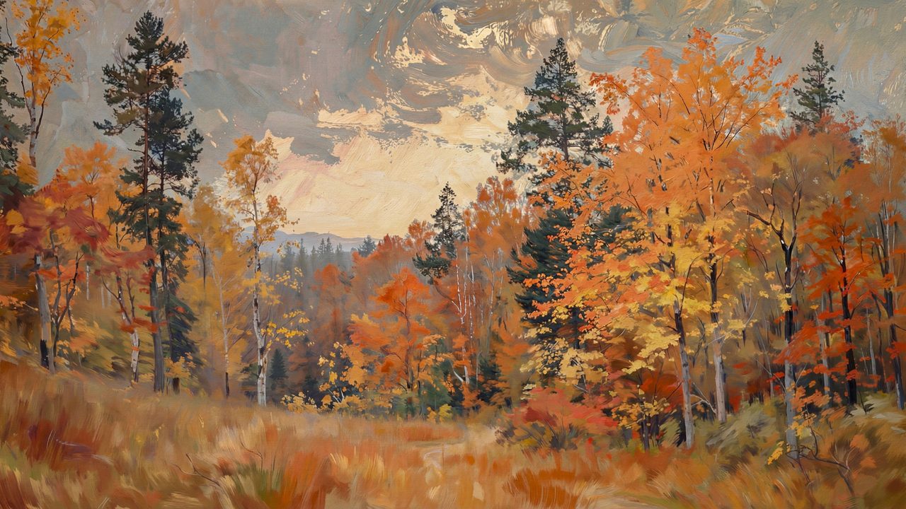 Fall Frame TV Art, Vintage Autumn Oil Painting (Autumn Forest Hillside)