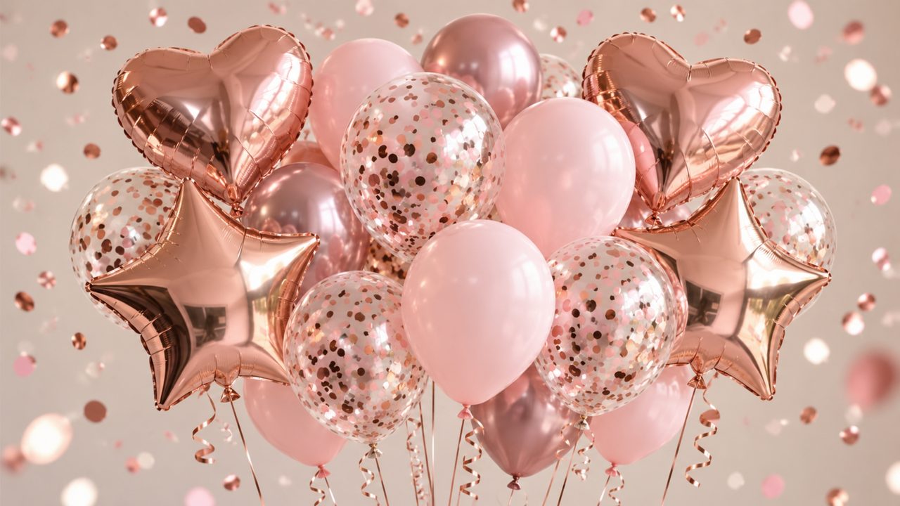 Happy Birthday Frame TV Art, Colorful Party TV Background (Rose Gold Balloon Bouquet)