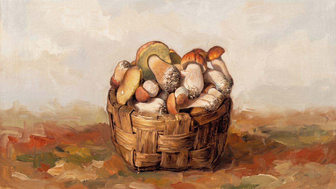 Fall Frame TV Art, Vintage Autumn Oil Painting (Mushrooms in Basket)