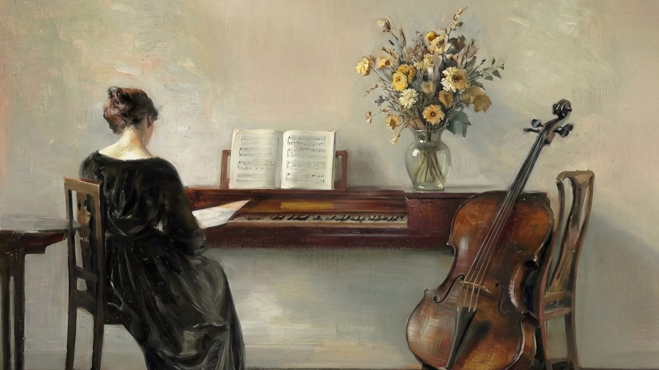 Vintage Frame TV Art, Antique Landscape Oil Painting (Woman at Piano with Cello)