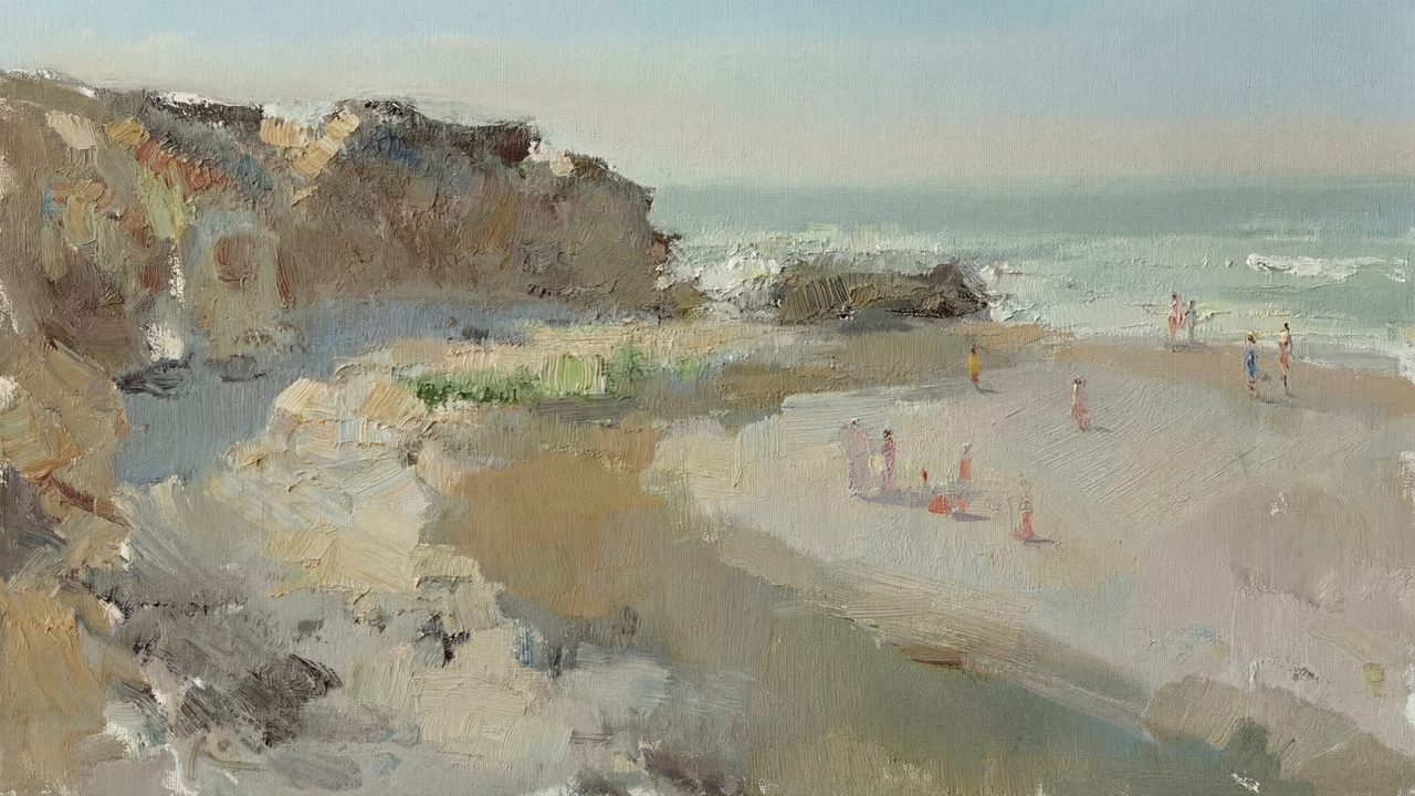 Vintage Frame TV Art, Antique Landscape Oil Painting (Rocky Beach with Bathers)