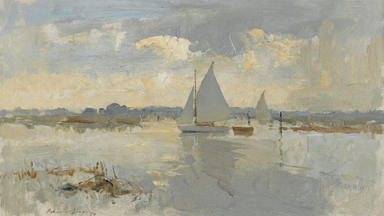 Nautical Frame TV Art, Coastal Oil Painting (Sailboats on Calm Inlet)