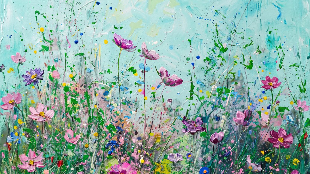 Spring Frame TV Art, Vintage Floral Landscape Oil Painting (Pink Cosmos Wildflowers)
