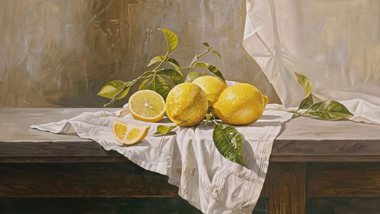 Vintage Frame TV Art, Antique Landscape Oil Painting (Lemons on White Cloth)