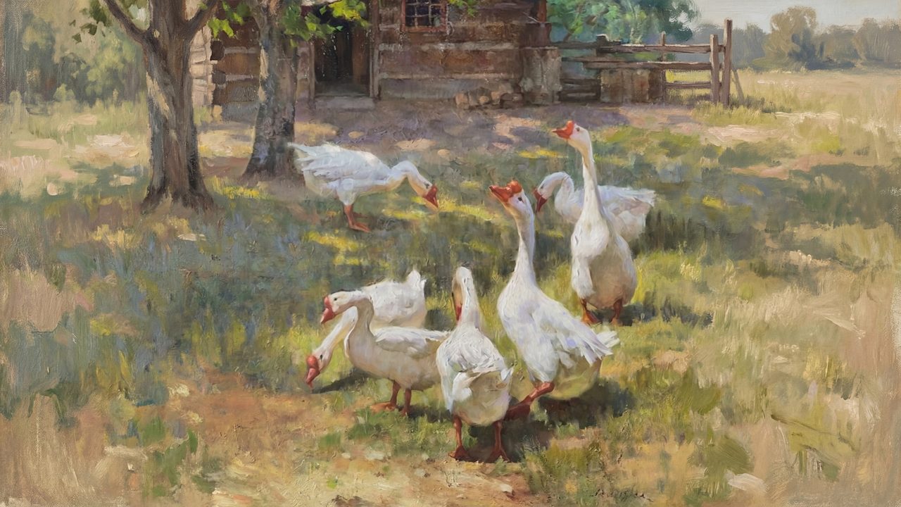 Vintage Frame TV Art, Antique Landscape Oil Painting (Geese in Farmyard)