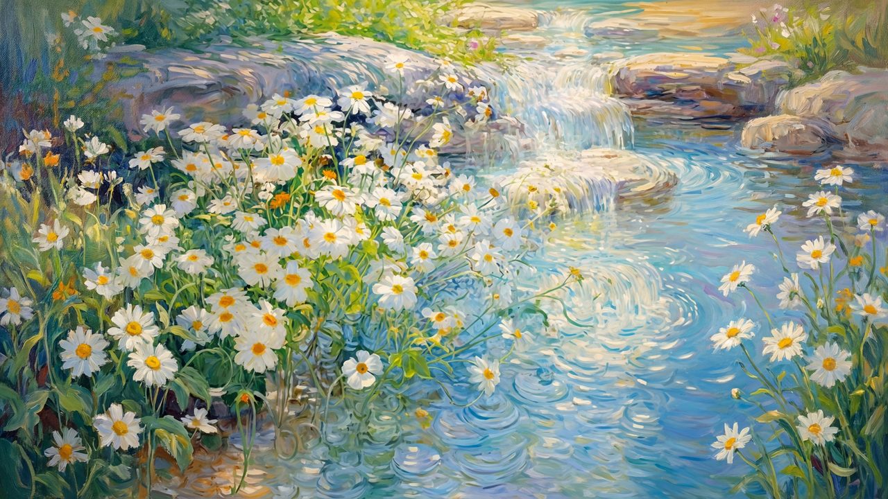 Spring Frame TV Art, Vintage Floral Landscape Oil Painting (Daisies by Sparkling Stream)