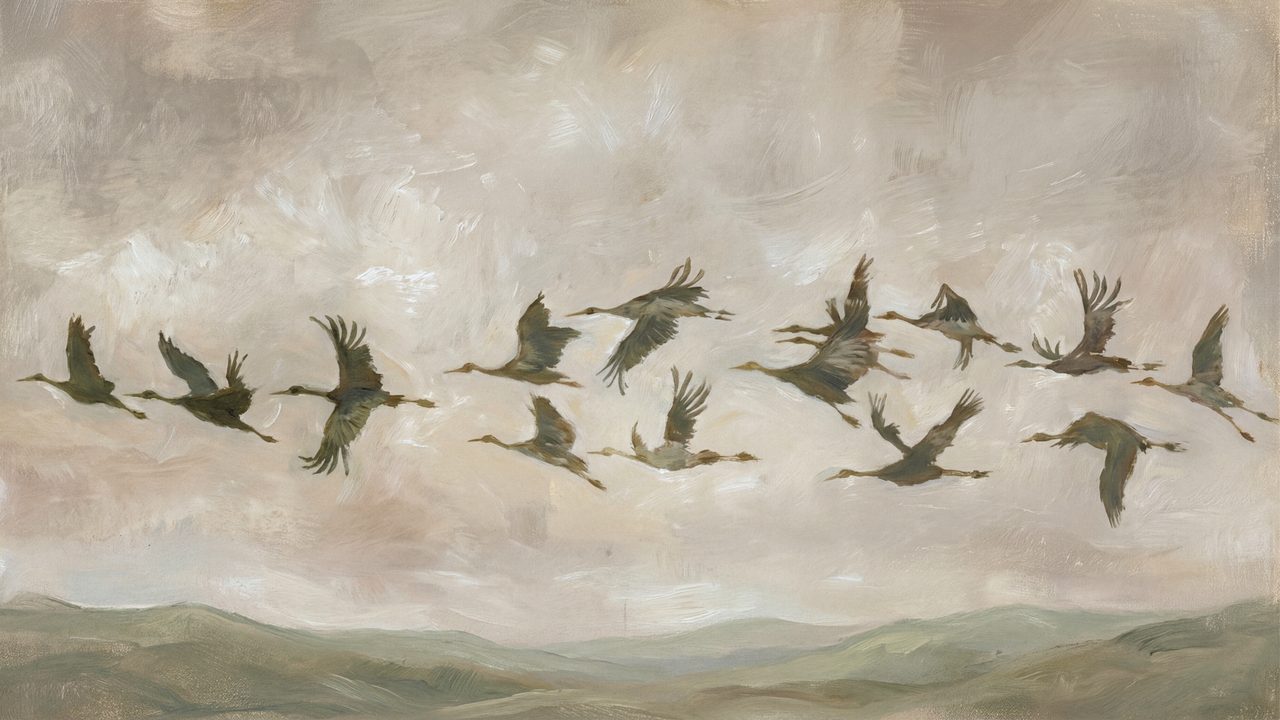 Vintage Frame TV Art, Antique Landscape Oil Painting (Flock of Geese in Flight)
