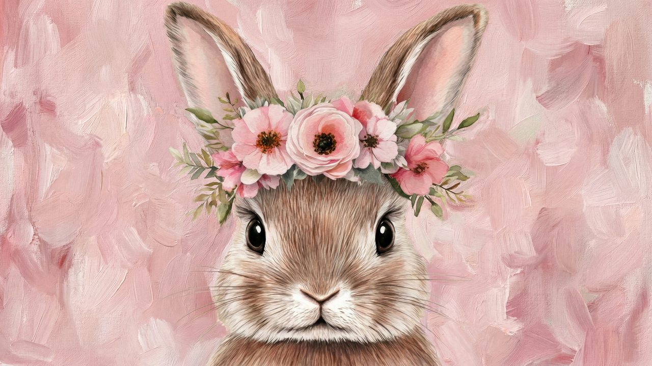 Easter Bunny Samsung Frame TV Art, Spring TV Decor, Nursery Rabbit Oil Painting, Flower Crown Rabbit Wall Decor