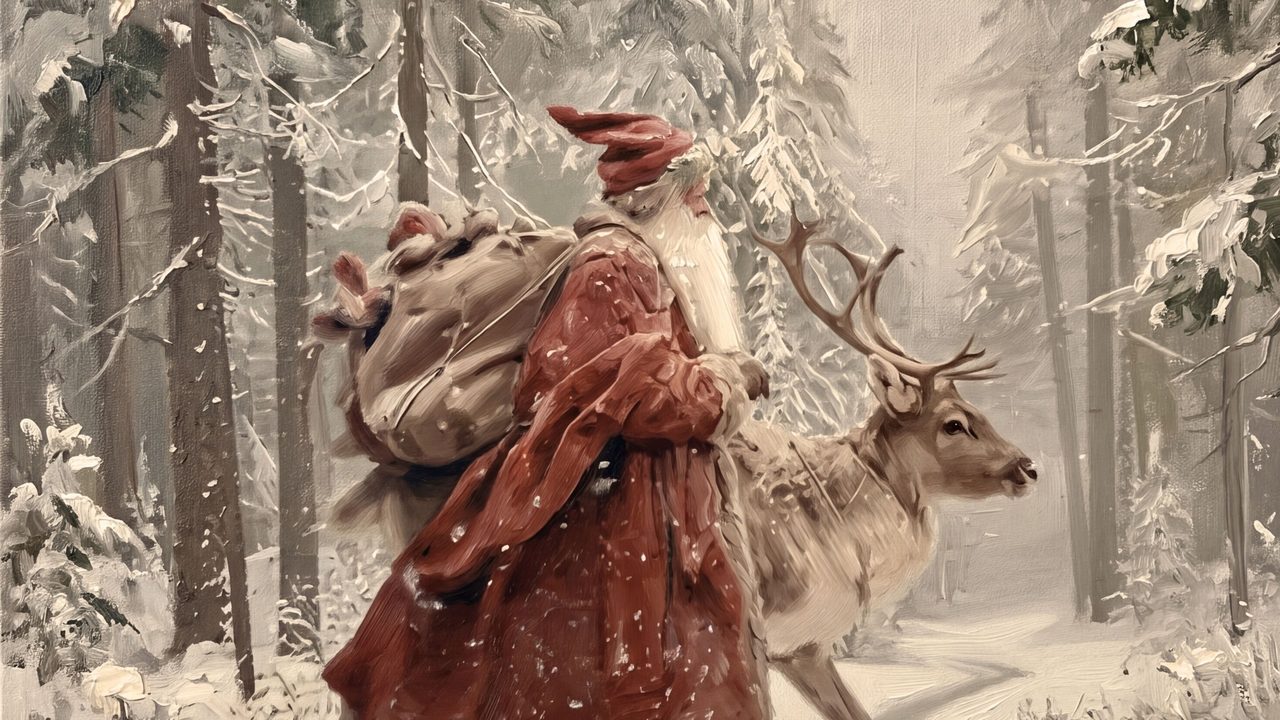 Christmas Frame TV Art, Vintage Holiday Oil Painting (Santa with Reindeer in Forest)
