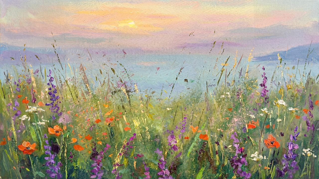 Spring Frame TV Art, Vintage Floral Landscape Oil Painting (Wildflowers by Sea at Dawn)