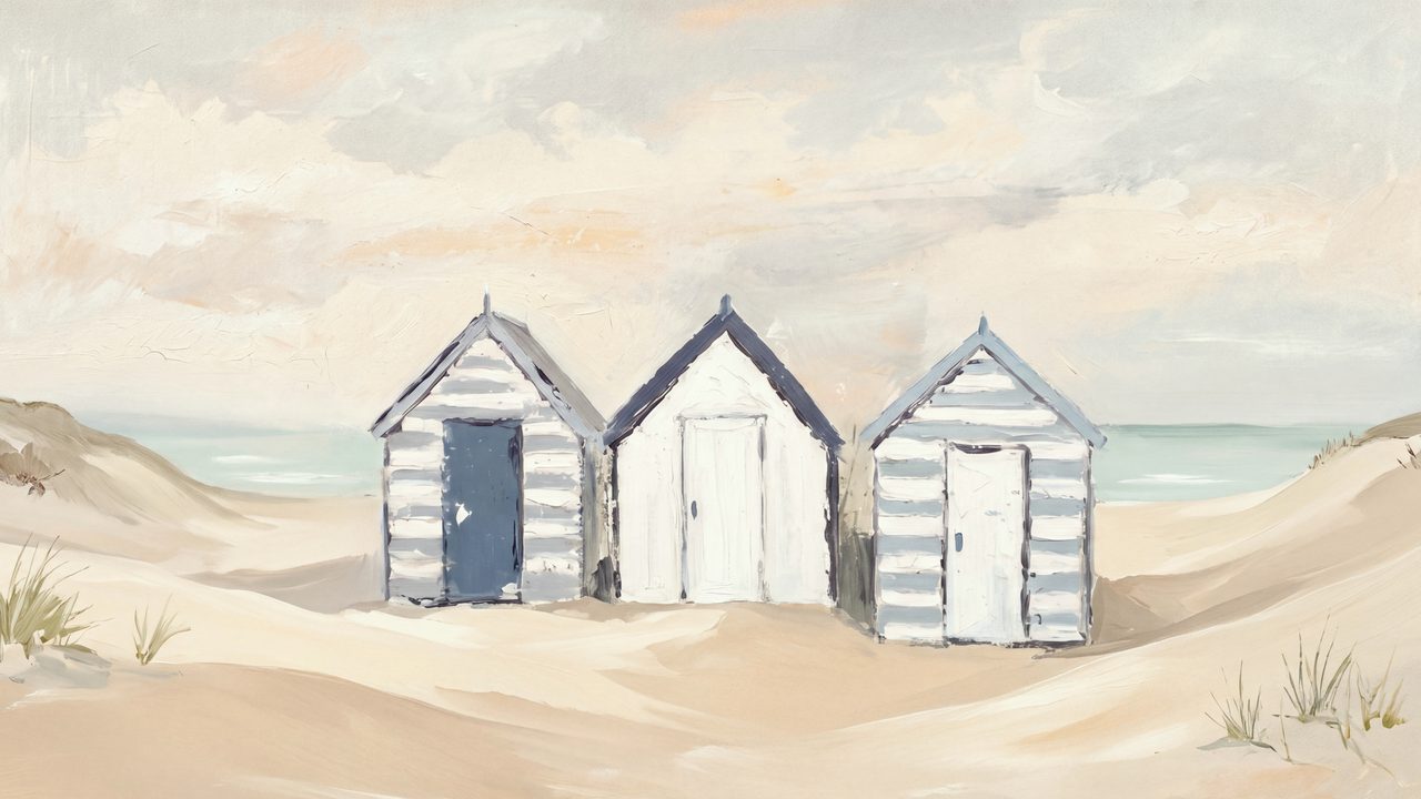 Summer Frame TV Art, Coastal Beach Oil Painting (Striped Beach Huts)