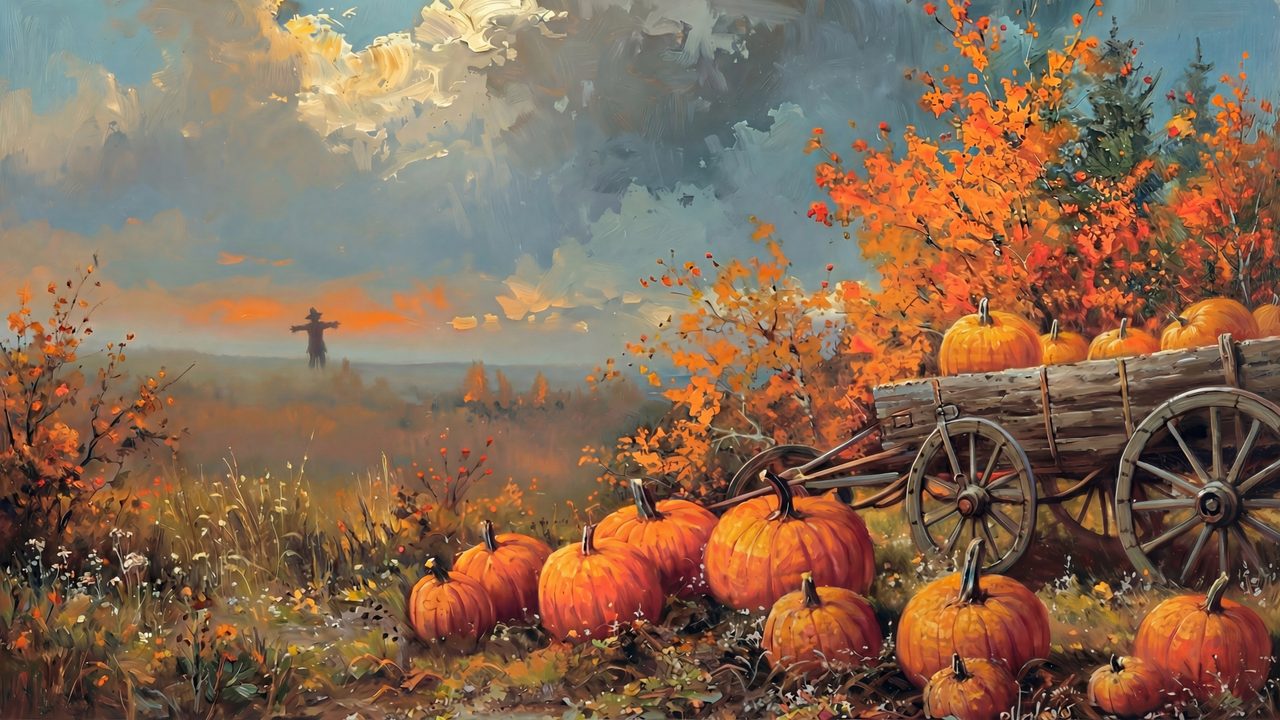 Fall Frame TV Art, Vintage Autumn Oil Painting (Pumpkin Wagon in Field)