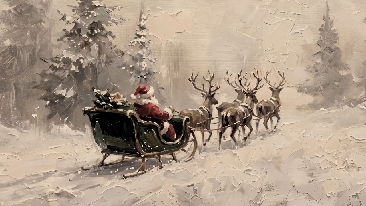 Christmas Frame TV Art, Vintage Holiday Oil Painting (Santa Sleigh in Snowy Field)