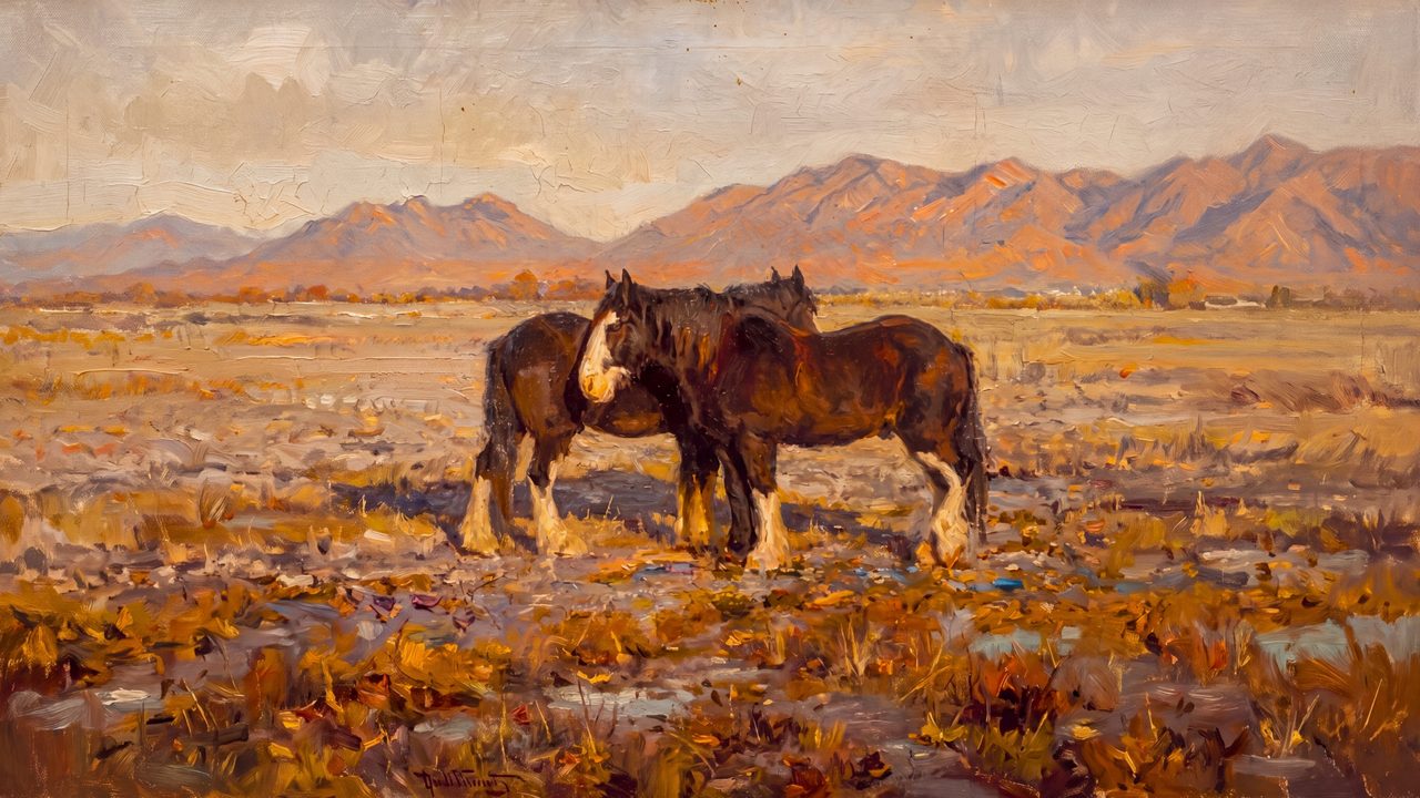 Fall Frame TV Art, Vintage Autumn Oil Painting (Draft Horses in Autumn Field)
