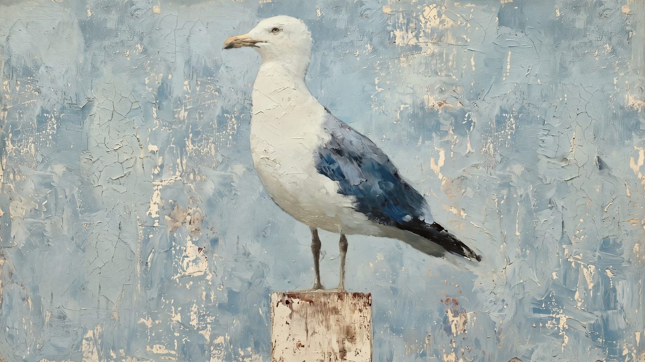Summer Frame TV Art, Coastal Beach Oil Painting (Seagull on Post)