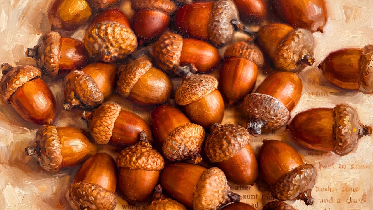 Fall Frame TV Art, Vintage Autumn Oil Painting (Pile of Acorns)
