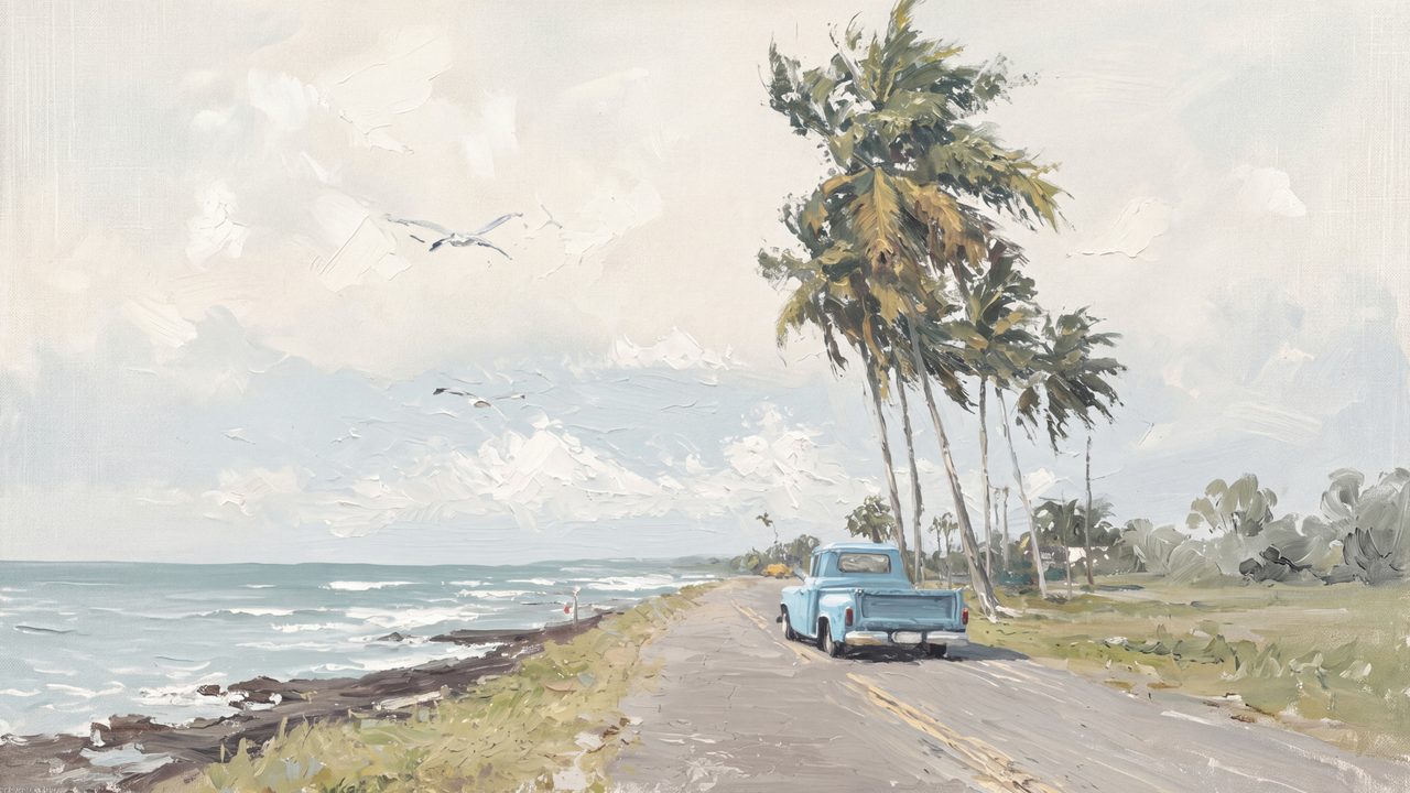 Summer Frame TV Art, Coastal Beach Oil Painting (Blue Truck on Coastal Road)