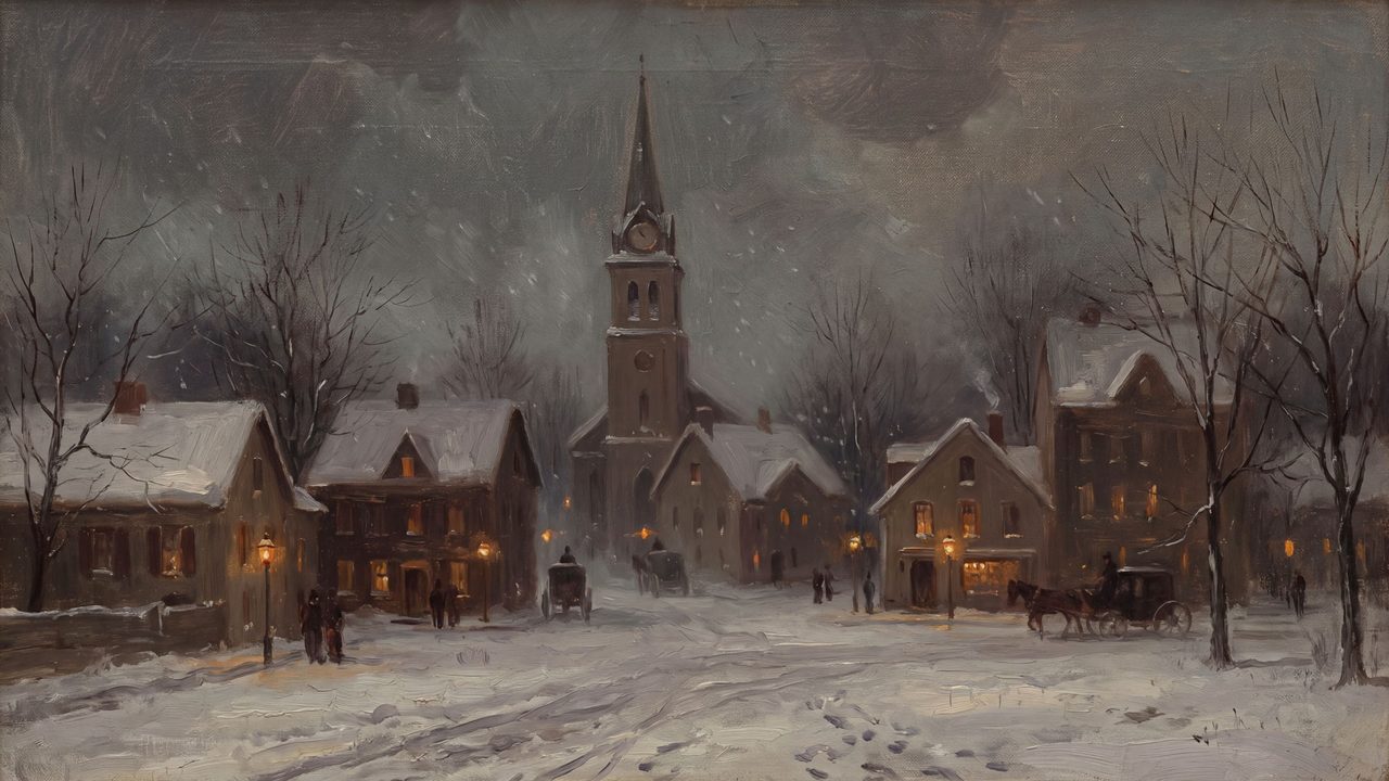 Christmas Frame TV Art, Vintage Holiday Oil Painting (Snowy Town at Twilight)