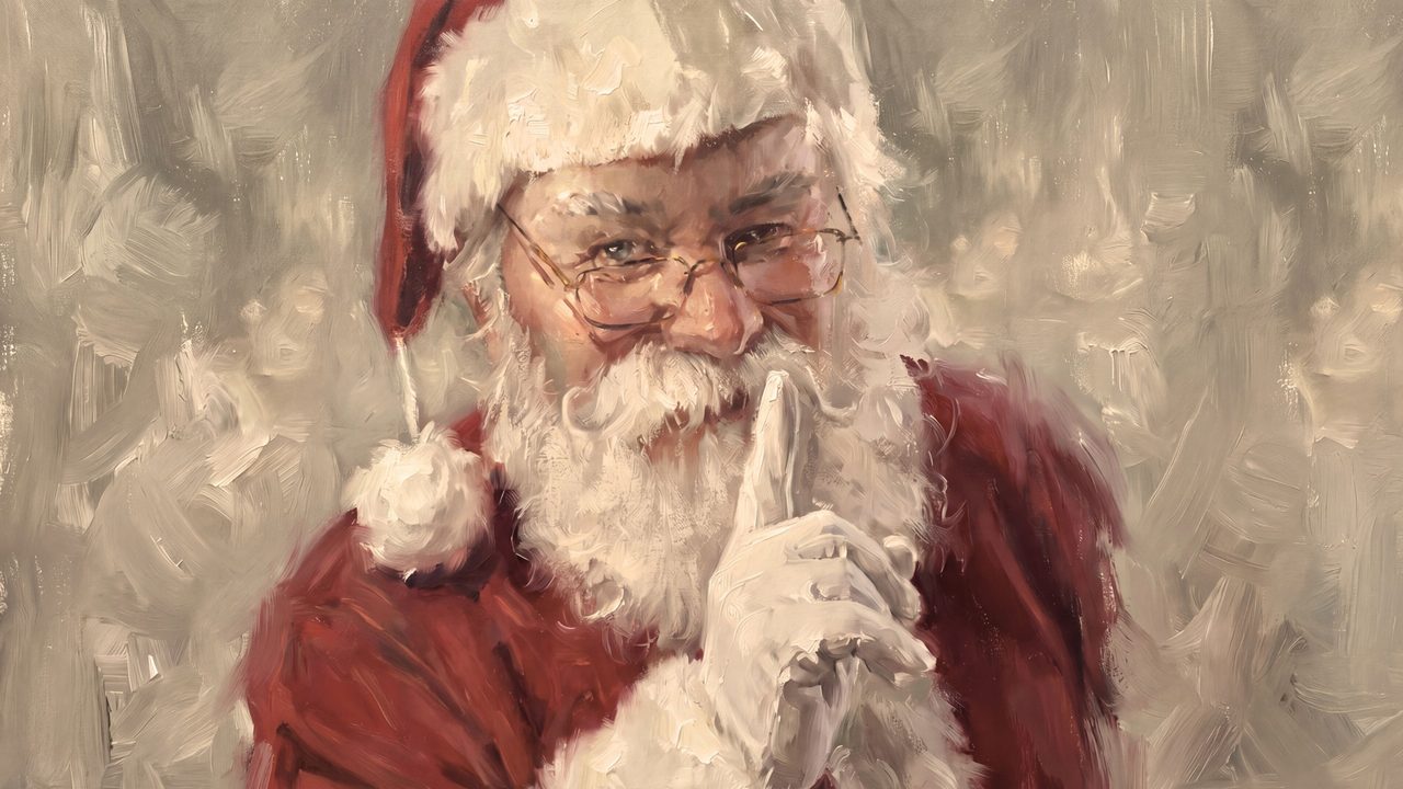 Christmas Frame TV Art, Vintage Holiday Oil Painting (Santa with Finger to Lips)