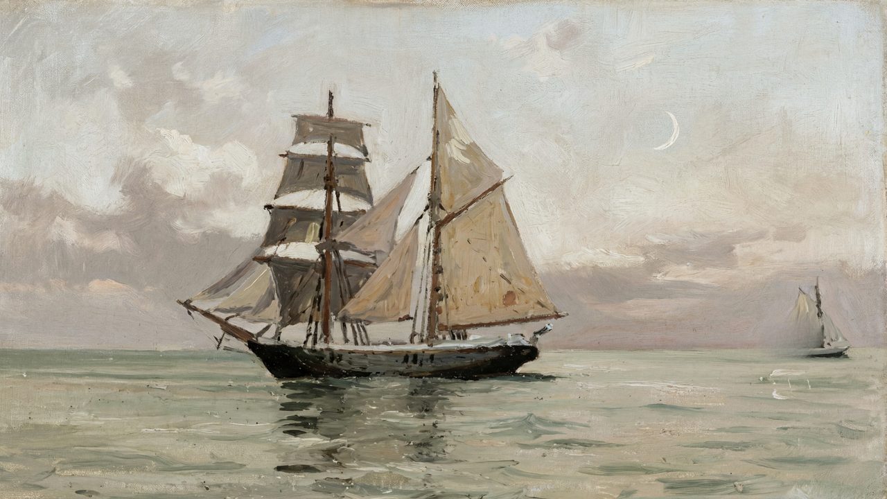Nautical Frame TV Art, Coastal Oil Painting (Brigantine at Sea)