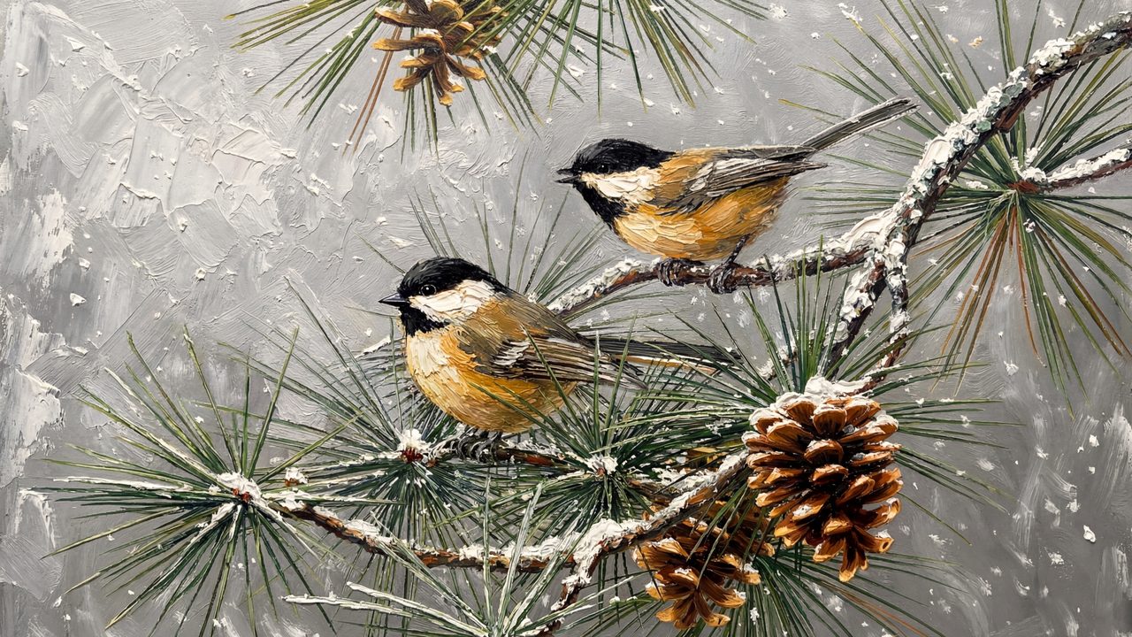 Christmas Frame TV Art, Vintage Holiday Oil Painting (Chickadees on Pine Branch)