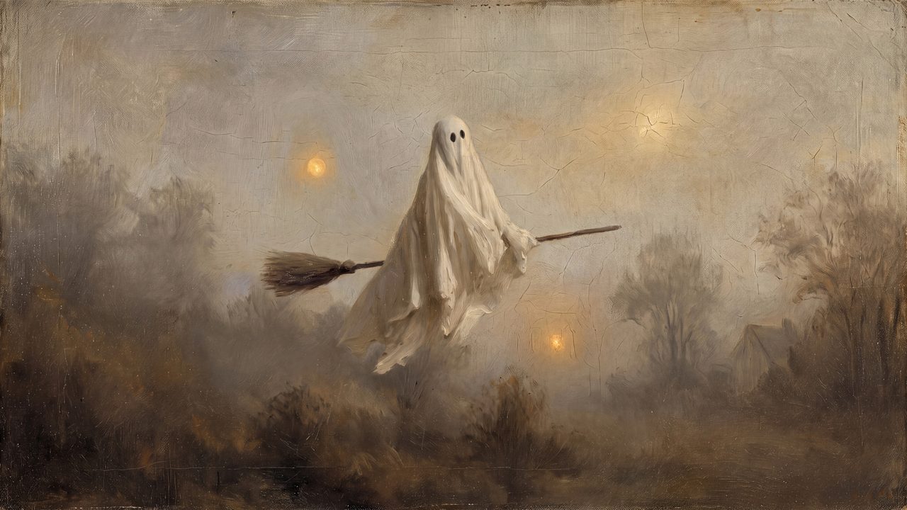 Fall Frame TV Art, Vintage Autumn Oil Painting (Ghost on Broomstick in Fog)