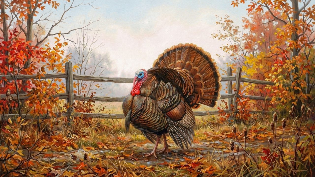 Fall Frame TV Art, Vintage Autumn Oil Painting (Turkey by Wooden Fence)