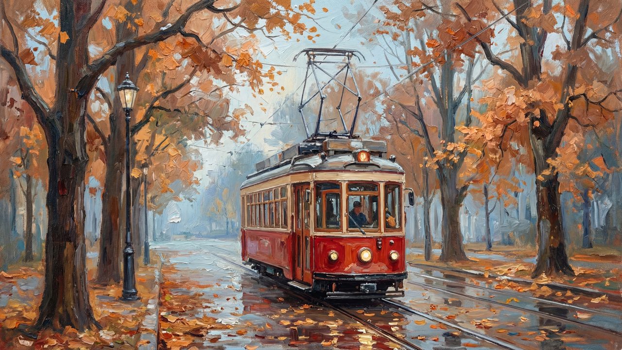 Fall Frame TV Art, Vintage Autumn Oil Painting (Red Tram on Autumn Street 2)