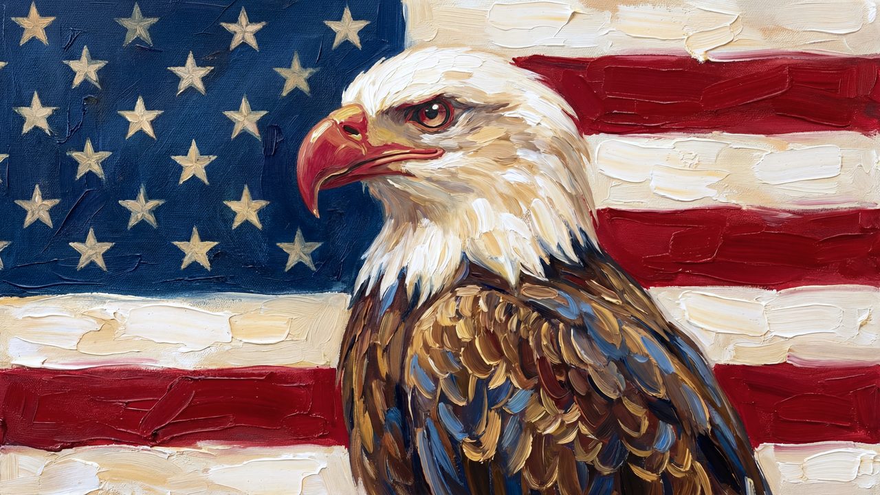 4th of July Frame TV Art, Patriotic American Oil Painting (Bald Eagle with American Flag)