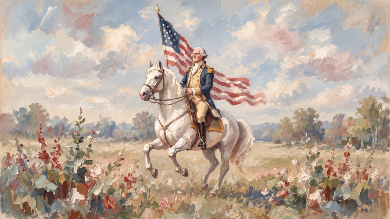 4th of July Frame TV Art, Patriotic American Oil Painting (Washington on White Horse)