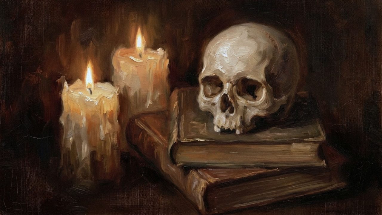 Halloween Frame TV Art, Vintage Moody Oil Painting (Skull with Candles and Books)