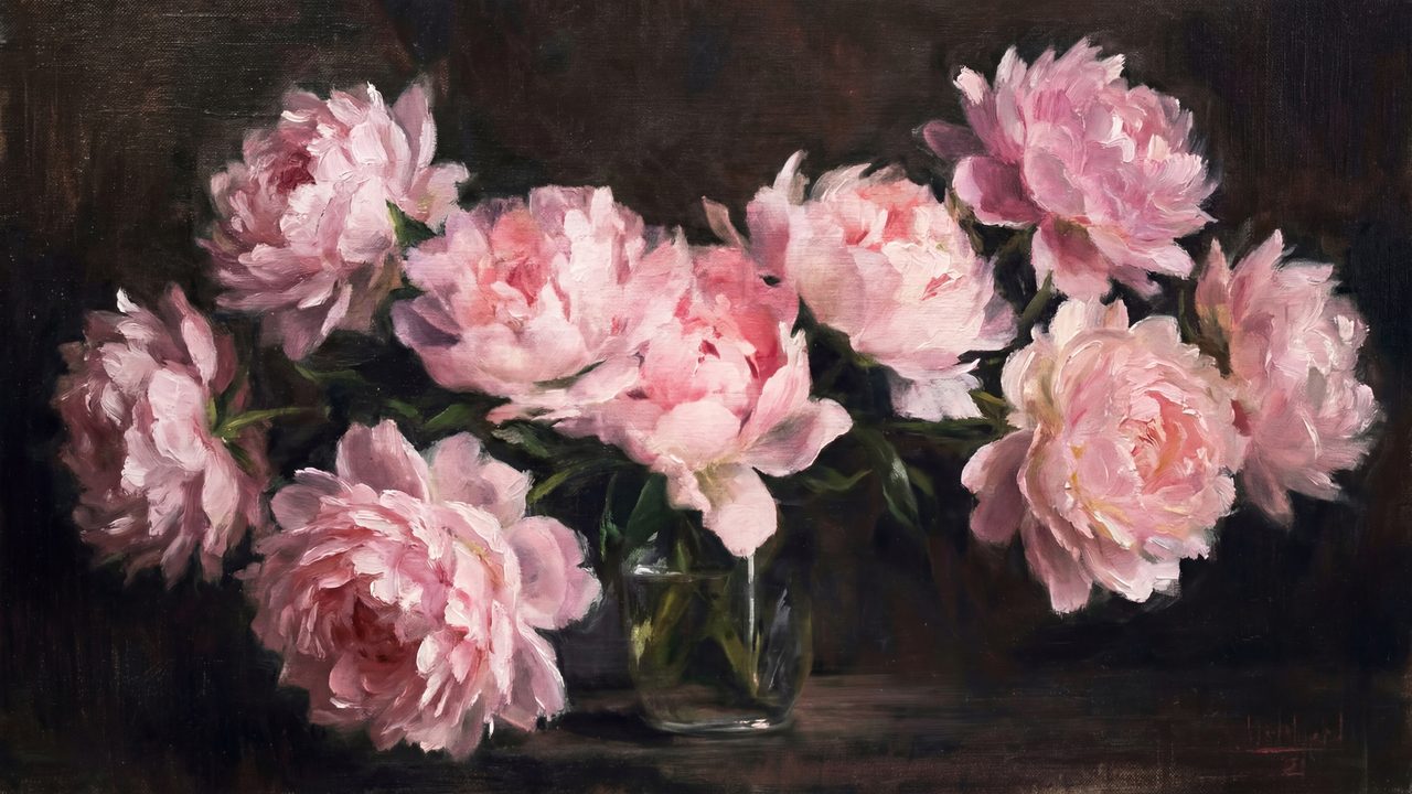Romantic Pink Peonies Samsung Frame TV Art, Vintage Floral Still Life, Classic Oil Painting, Moody Botanical Decor