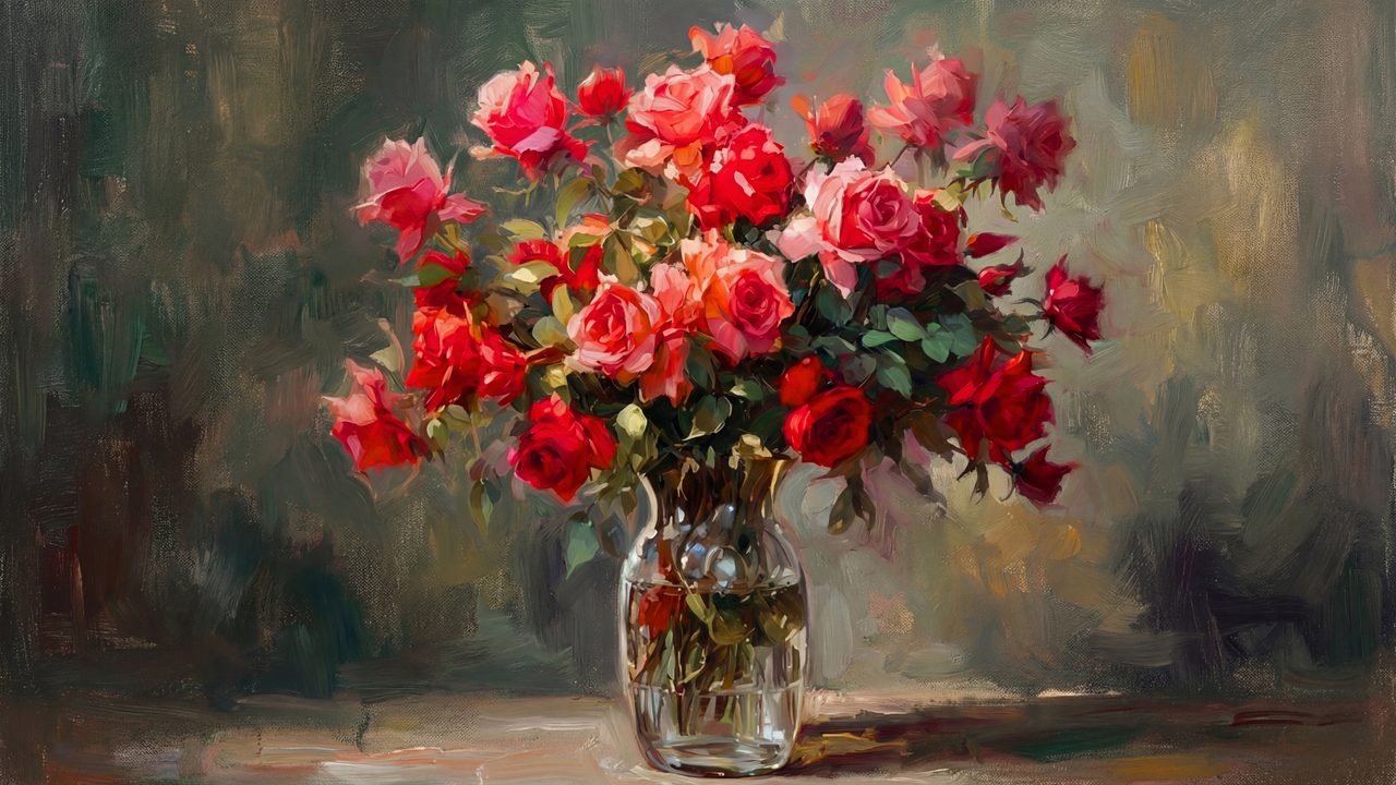 Valentine Frame TV Art, Romantic Vintage Oil Painting (Red Roses in Glass Vase)