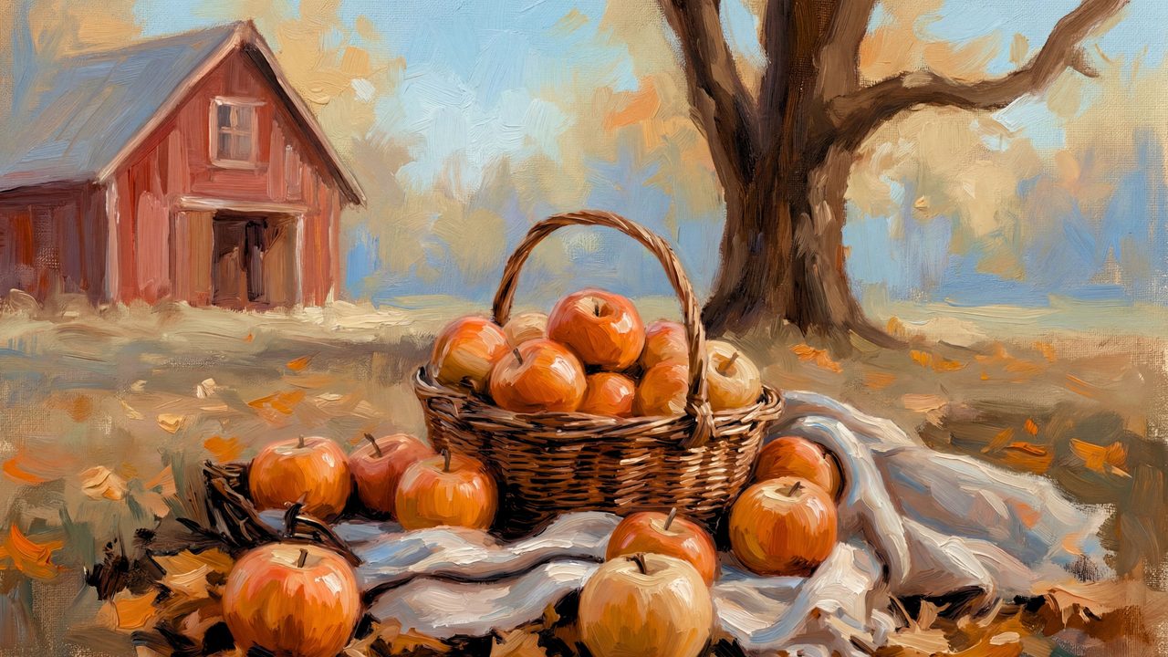 Fall Frame TV Art, Vintage Autumn Oil Painting (Basket of Apples by Red Barn)