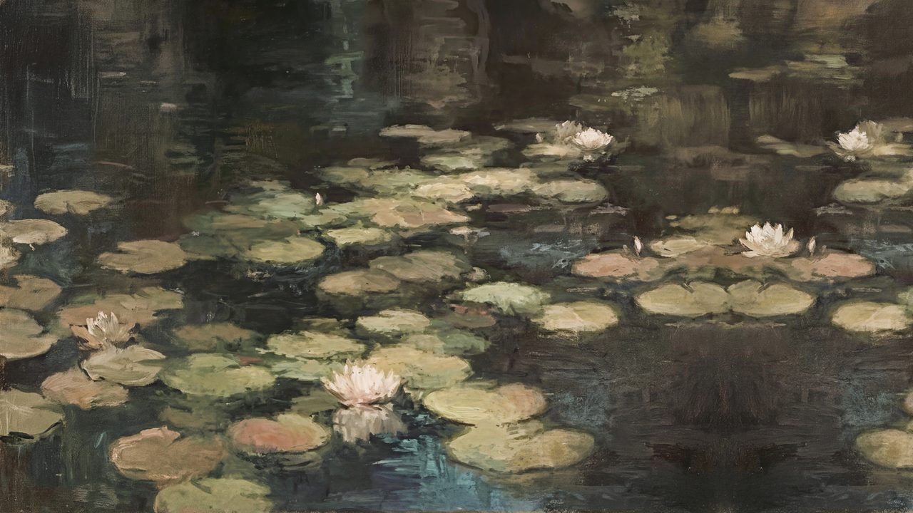 Vintage Frame TV Art, Antique Landscape Oil Painting (Water Lilies on Dark Pond)