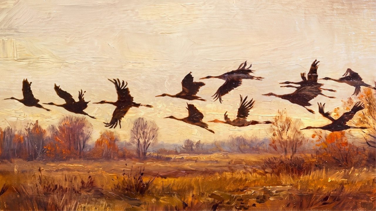 Fall Frame TV Art, Vintage Autumn Oil Painting (Geese Flying Over Autumn Field)