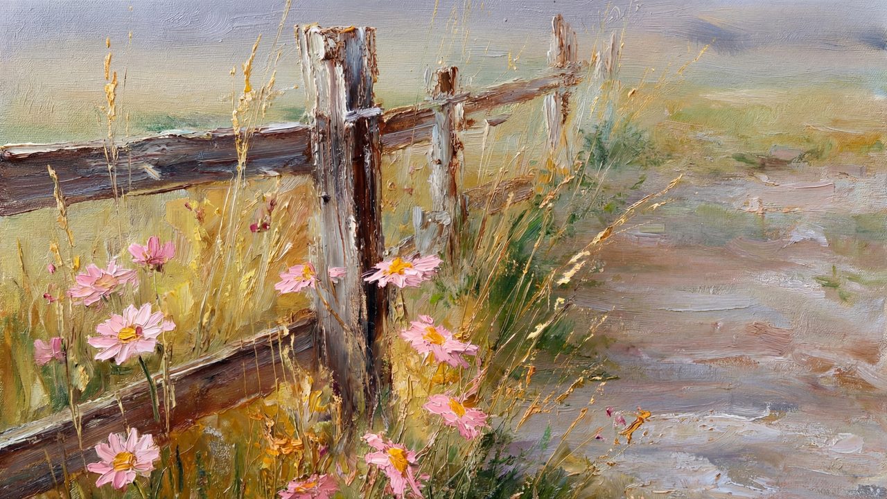 Spring Frame TV Art, Vintage Floral Landscape Oil Painting (Wooden Fence with Pink Flowers)