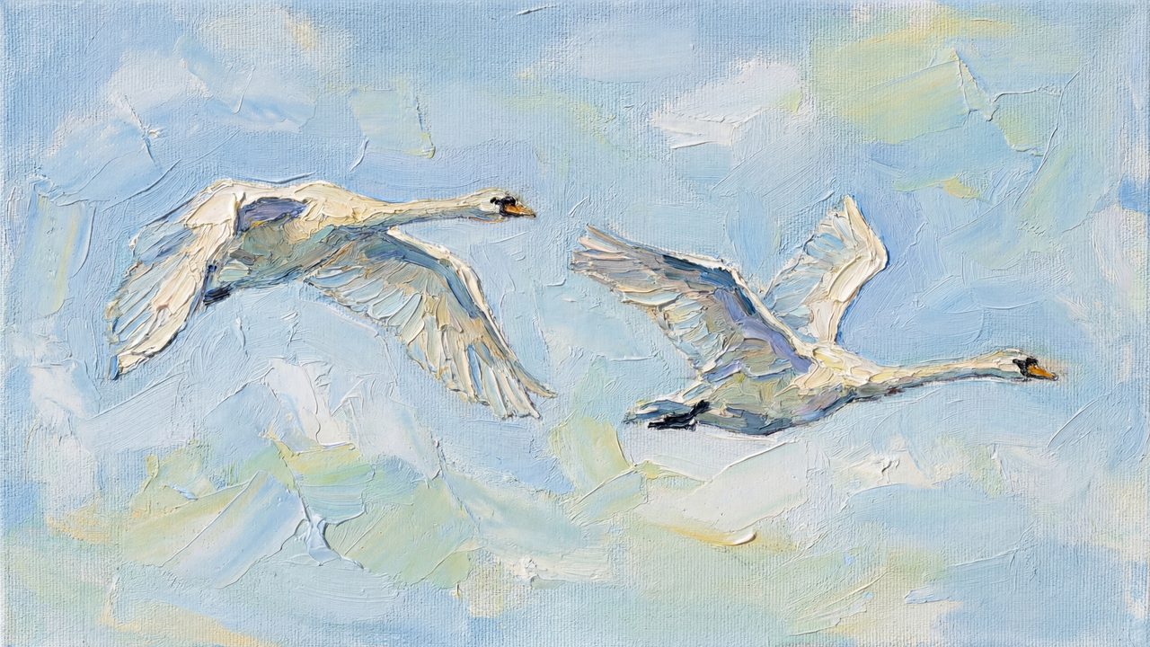 Spring Frame TV Art, Vintage Floral Landscape Oil Painting (Two Swans in Flight)