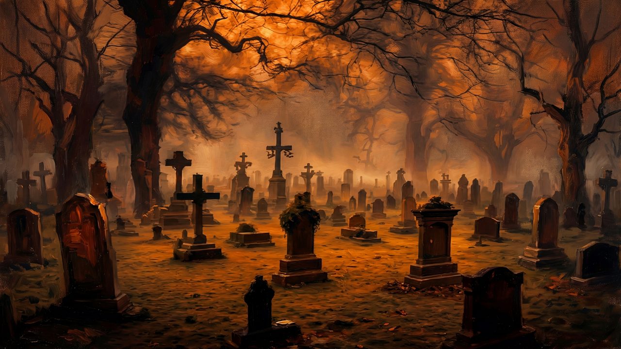 Halloween Frame TV Art, Vintage Moody Oil Painting (Glowing Old Graveyard)