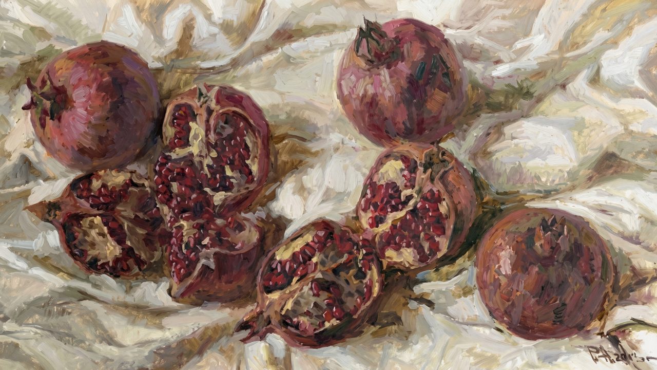 Vintage Frame TV Art, Antique Landscape Oil Painting (Pomegranates on White Cloth)