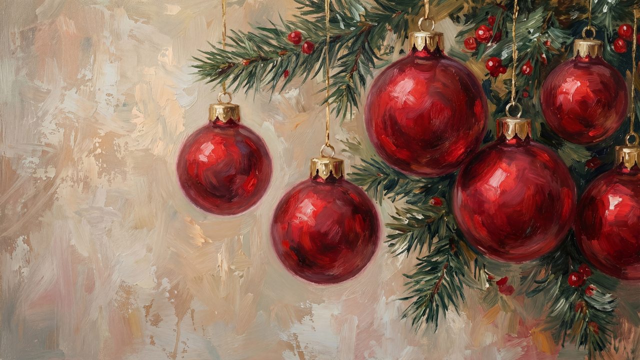 Christmas Frame TV Art, Vintage Holiday Oil Painting (Red Ornaments on Pine)