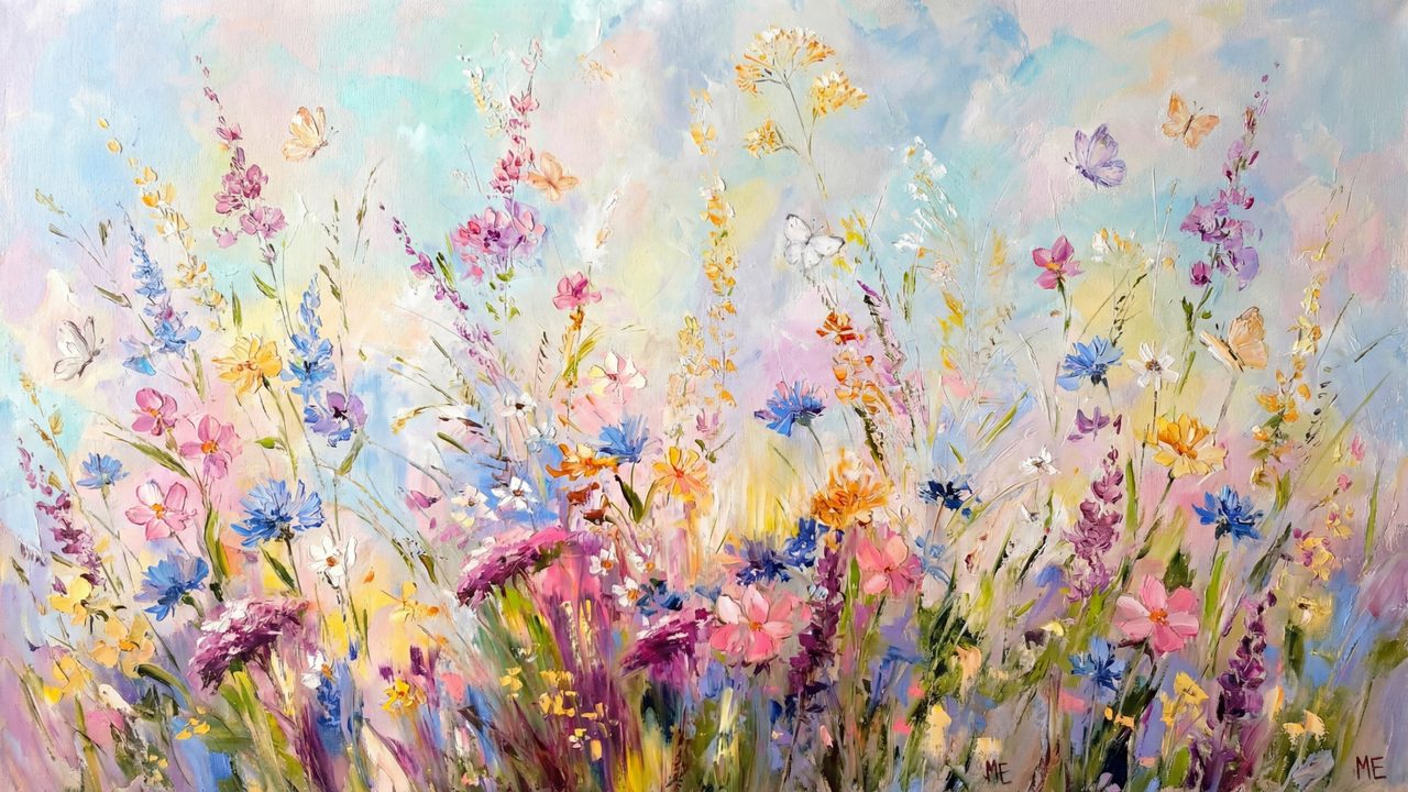 Spring Frame TV Art, Vintage Floral Landscape Oil Painting (Pastel Wildflower Bouquet)