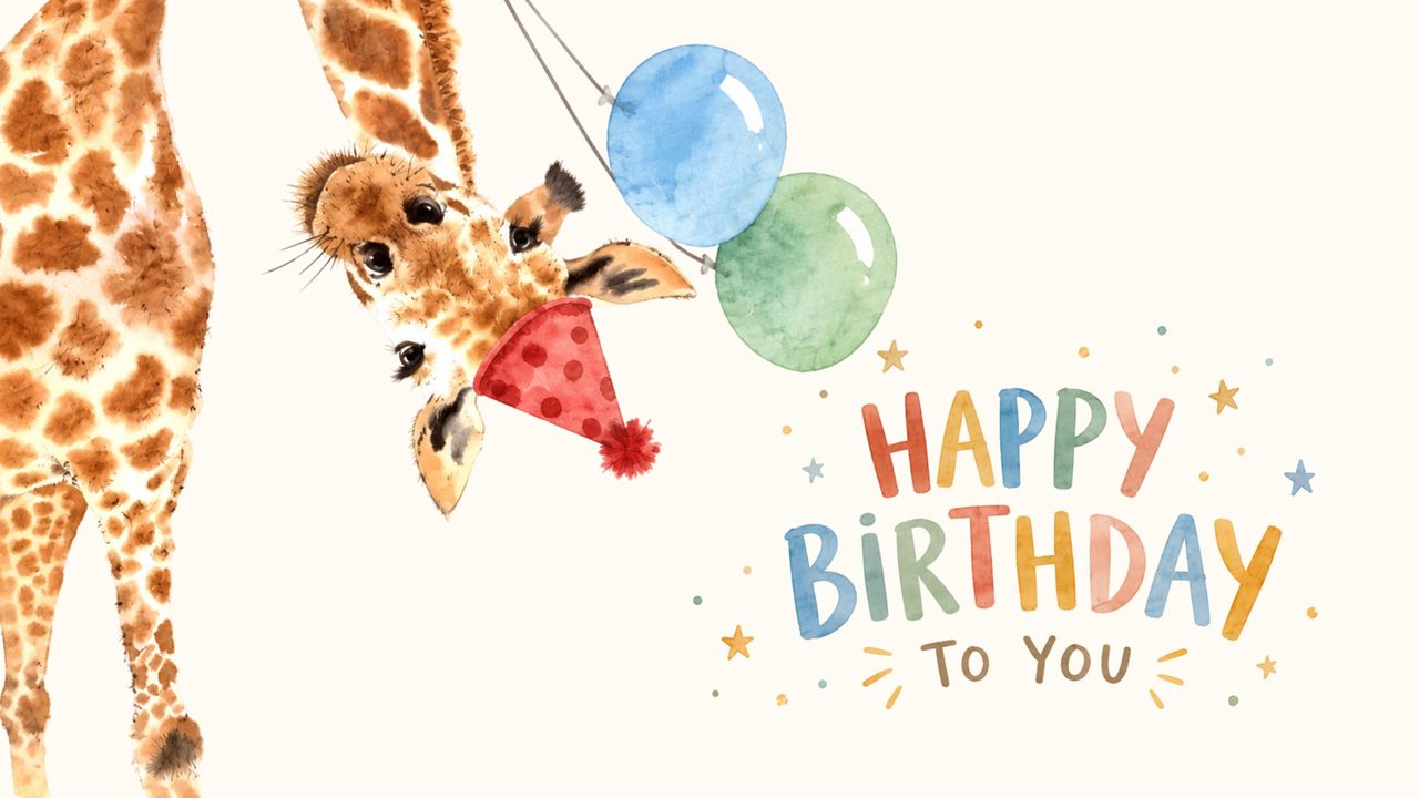 Happy Birthday Frame TV Art, Colorful Party TV Background (Giraffe with Balloons)