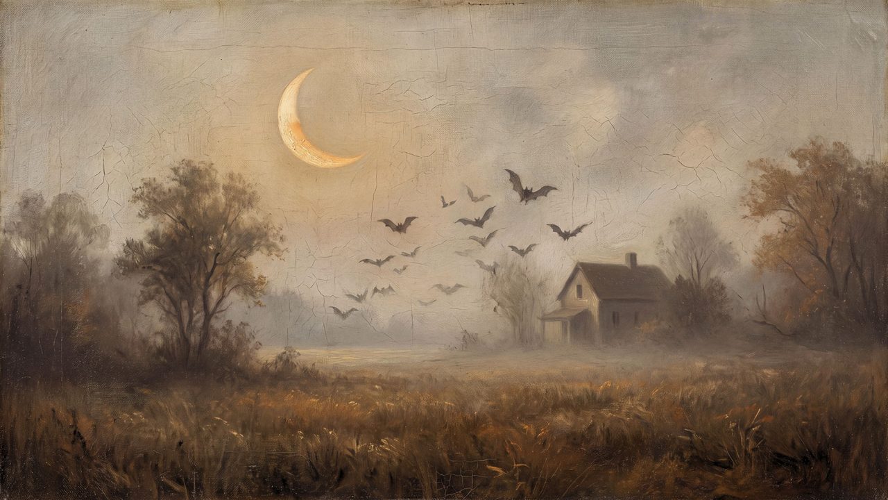 Halloween Frame TV Art, Vintage Moody Oil Painting (Bats over Moonlit Field)