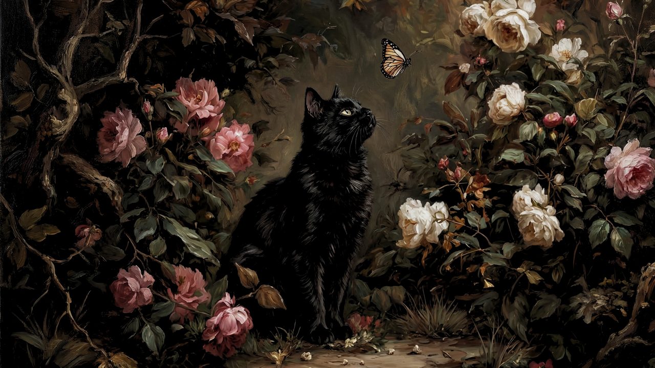 Dark Academia Frame TV Art, Moody Vintage Oil Painting (Black Cat Among Roses)