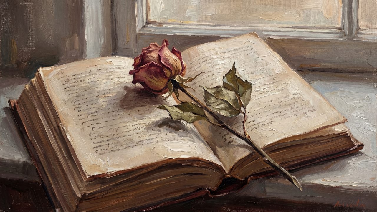 Valentine Frame TV Art, Romantic Vintage Oil Painting (Dried Rose on Open Book)