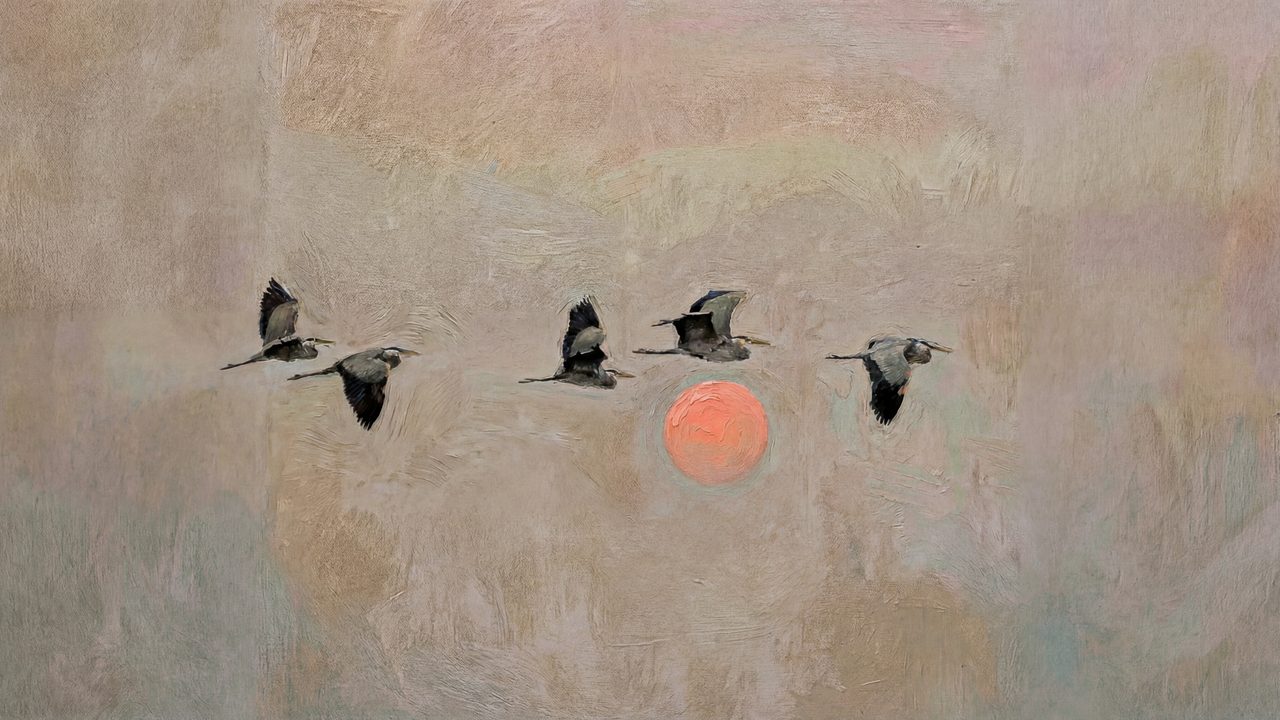 Vintage Frame TV Art, Antique Landscape Oil Painting (Cranes Flying at Sunset)