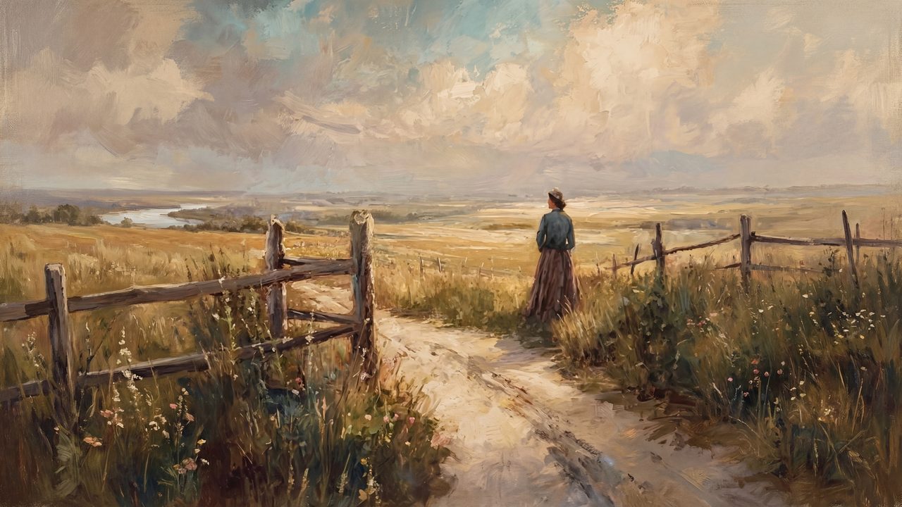 Vintage Frame TV Art, Antique Landscape Oil Painting (Woman on Country Path)